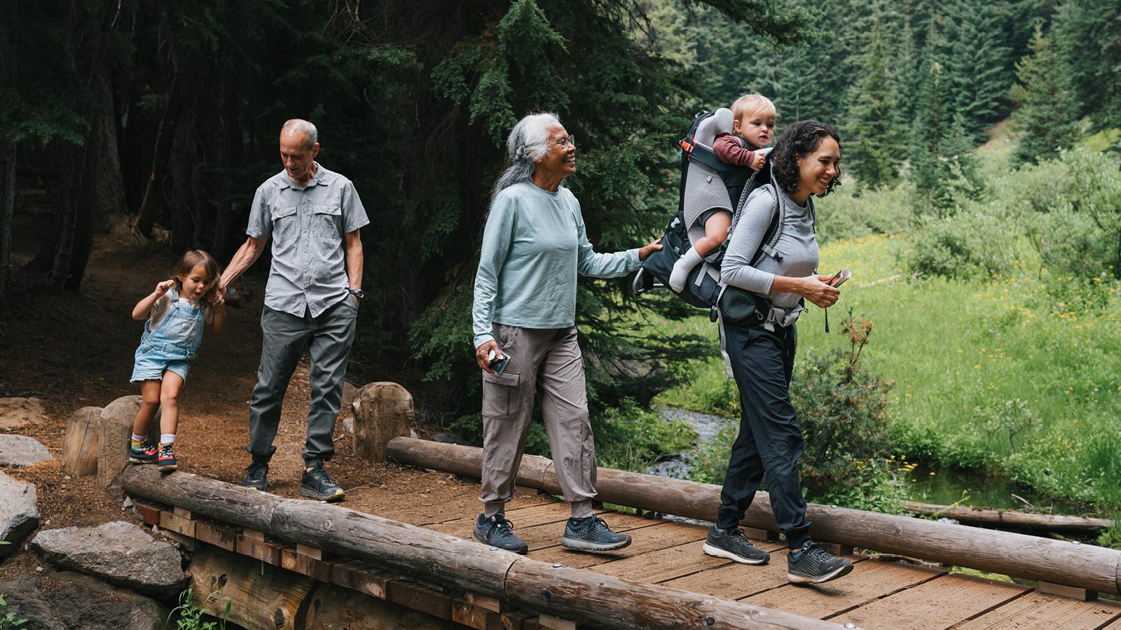 Family walking on bridge