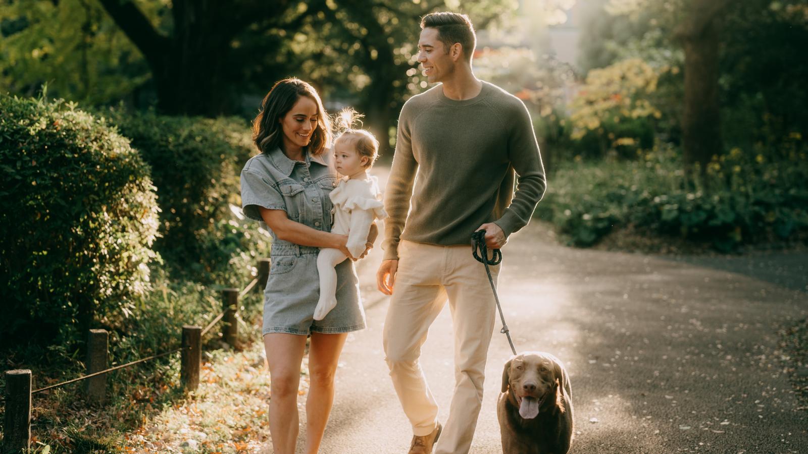 Family with dog walking in the park
